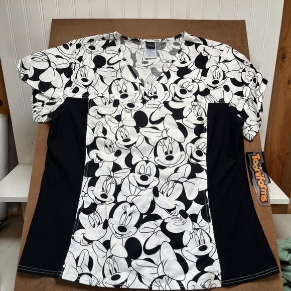 New Disney Scrubs Top Minnie Tooniforms V Neck XL Black White 6875C MKBM NWT - Picture 1 of 8